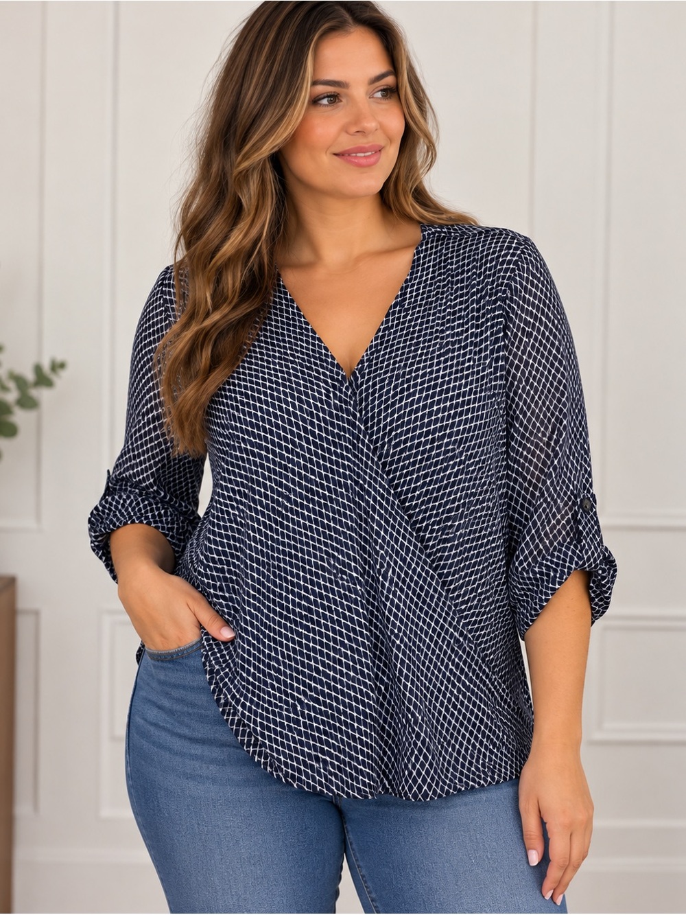 Maurice's Women's Navy Blue Geometric Print Wrap Blouse Size L